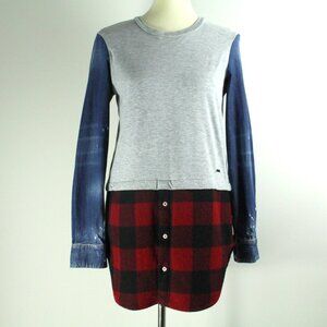 Dsquared2 Denim Tartan Check Mixed Long Sleeve Pearl Snap T-Shirt Unique Tunic M